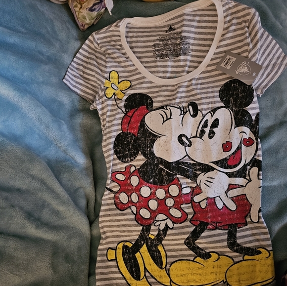 Disney Mickey & Minnie Gray Striped Kids Tee - Picture 1 of 5